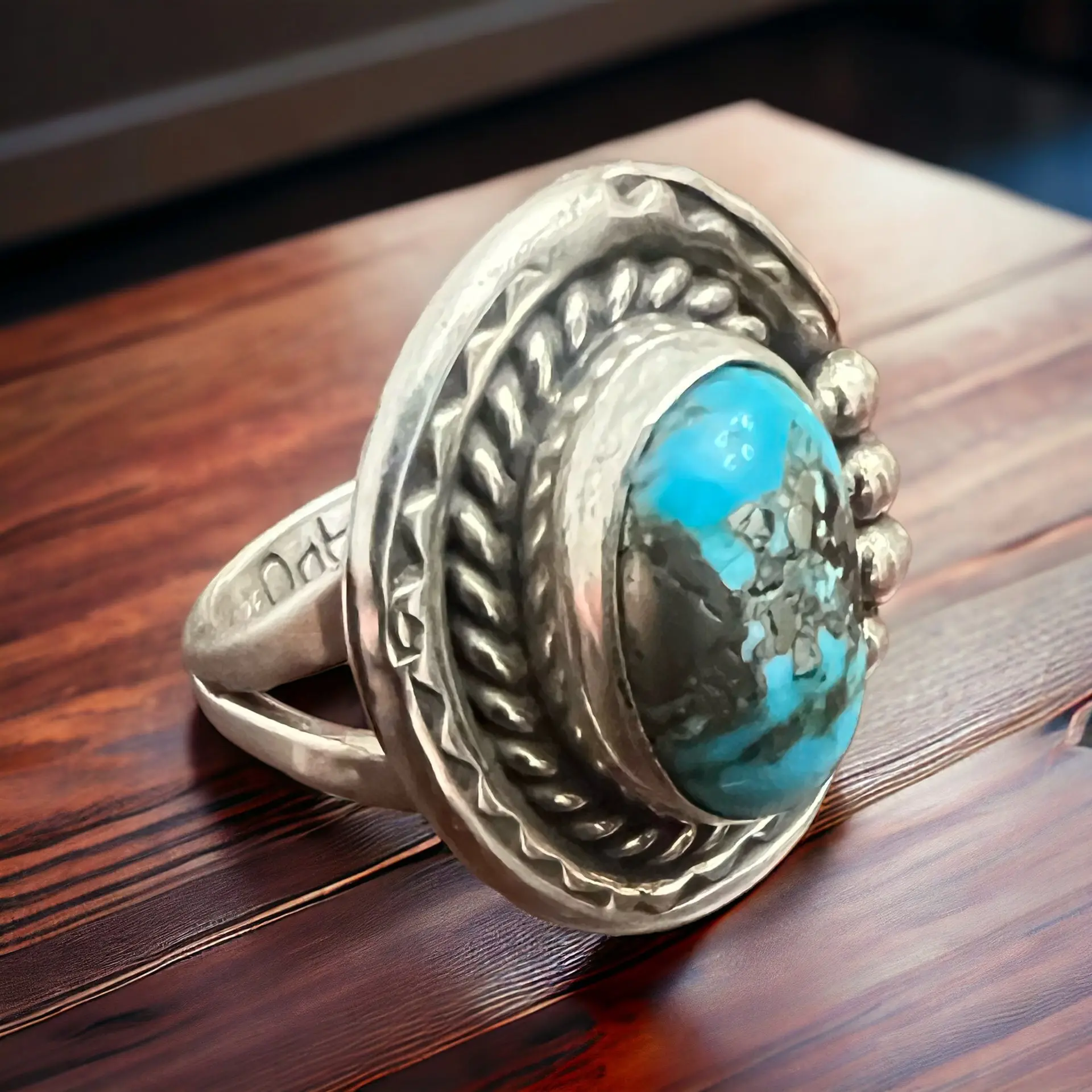 Annie Chapo Signed Vintage Navajo Sterling Turquoise Ring — Size 7 (Pyrite Matrix)