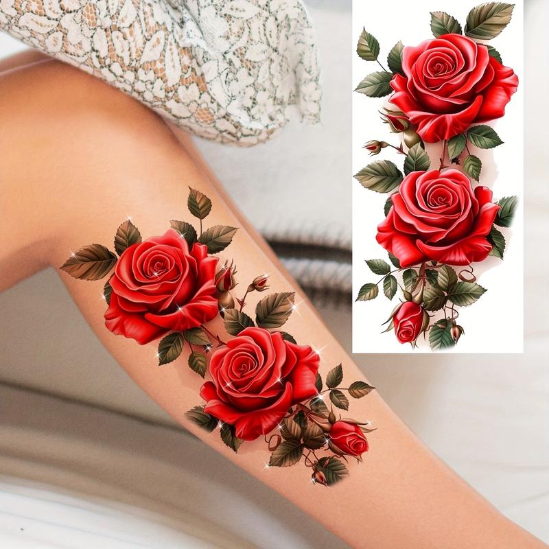 Women's Realistic Unscented Normal Temporary Tattoos Bundle - 6 Waterproof Long-Lasting Assorted Stickers (3 Fixed Items, 3 Random Rose & Leaf Designs) for Arm, Ankles, Ideal for Butterfly-Themed Styling