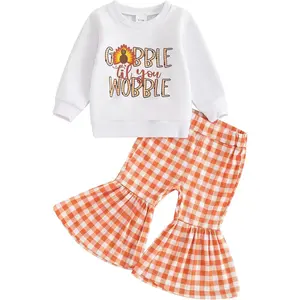 Karuedoo Toddler Baby Girl Thanksgiving Outfit Letter Print Crewneck Long Sleeve Sweatshirt Top and Flared Pants Set