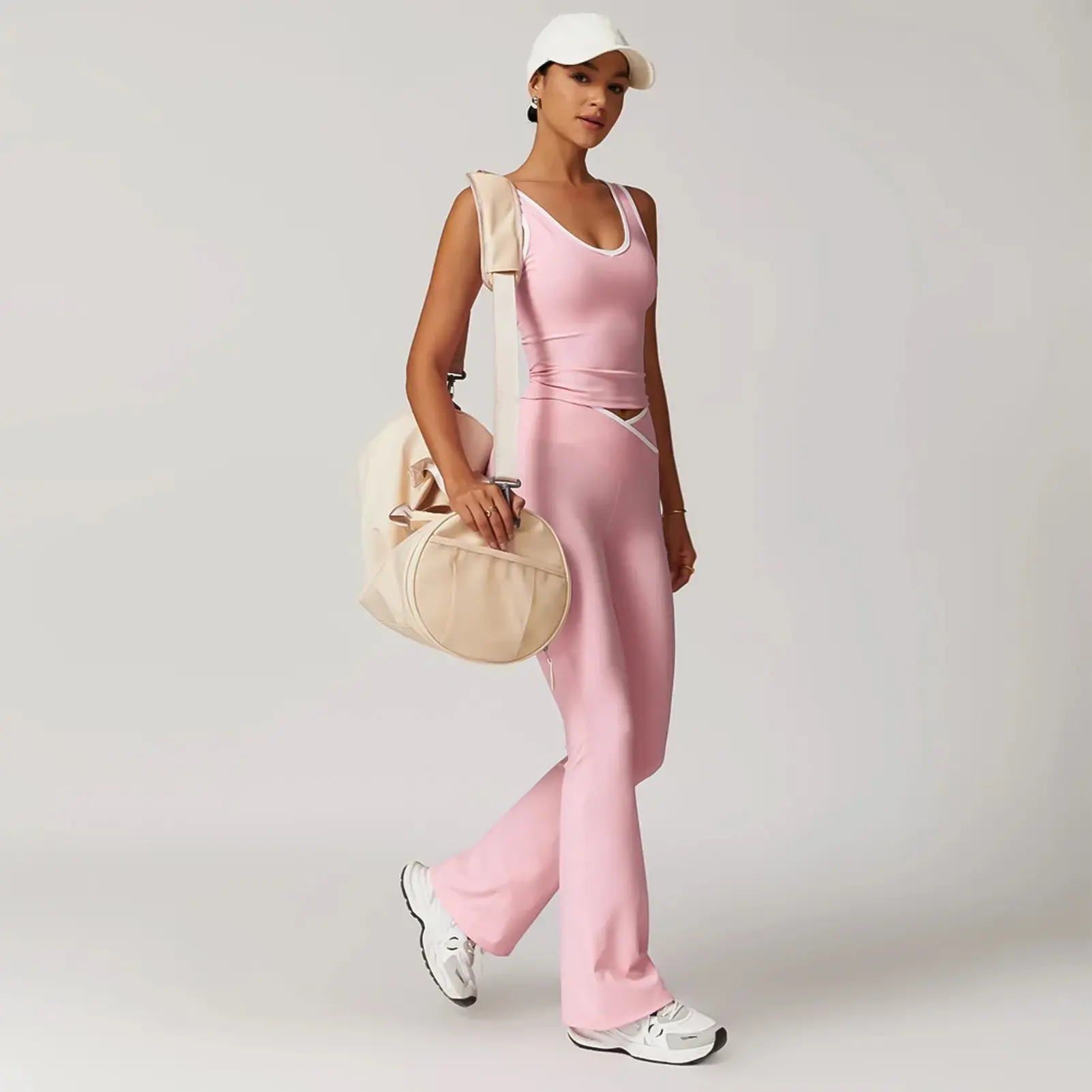 Women's Crop Top & Flare Legs Tracksuit Set - Two-piece set with contrasting color cross-flare pants, naked-feel yoga running fitness yoga outfit