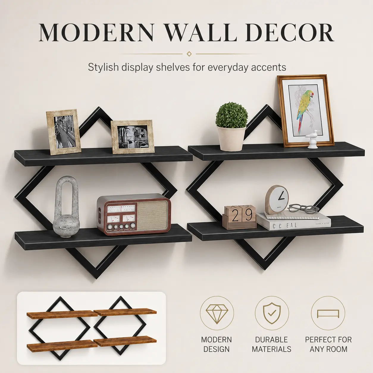 2-Piece Modern Geometric Rustic Diamond-Shaped Floating Mount Shelves, Industrial Wood-Metal Hanging Shelves for Display & Store in Living Room, Bedroom (Brown/Black)