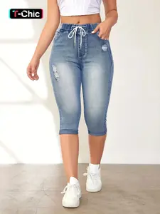 Women's Solid Basic Adjustable Drawstring Elastic Waist Ripped Capris Jeans, Casual Faded High Waist Denim Fit Skinny Cropped Pants for Daily Wear, Ladies Bottoms for All Seasons