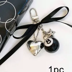 No. 8 Ball Theme Bag Charm, Bow Pendant, Heart-Shaped Accessory, Women's Purse or Keychain, Back-To-School Gift, Birthday Present