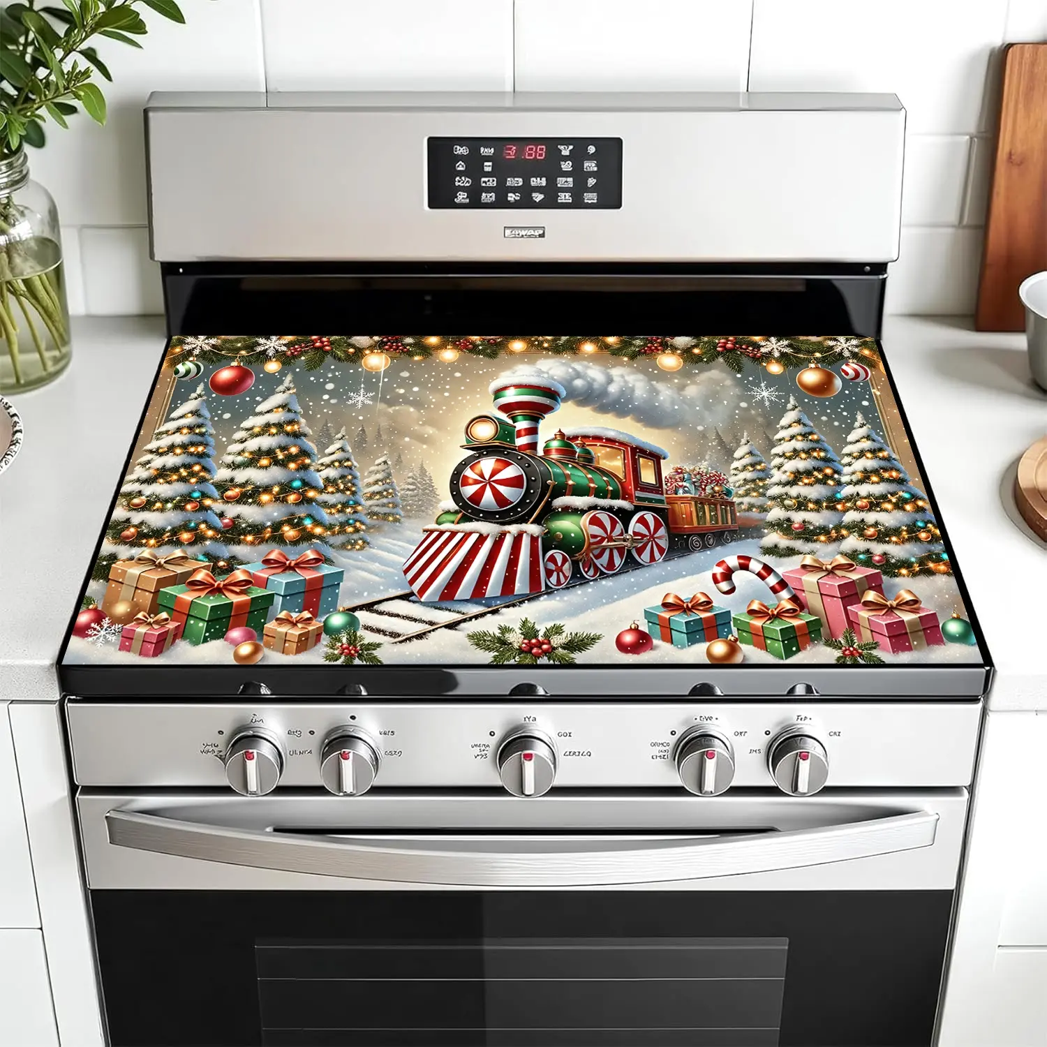 Christmas Train Pattern Non-Slip Rubber Oven Mat, Stove Panel Protector, Holiday Decor Gift, Baking Gifts, Durable Kitchen Decoration, Cover, Baking Accessories, Baking Supplies
