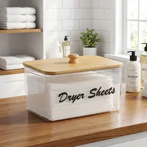 Clear Dryer Sheet Holder Container with Bamboo Lid, 1 Count Laundry Room Decor Storage Box with Label, Clean Dryer Sheet Detergent Pods Dispenser Box for Home, Laundry Organizer