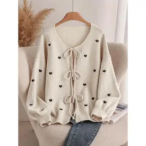 Women's Long Sleeve Open Front Color Block Heart Pattern Knitted Cardigan