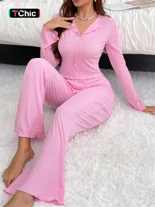 Spring Women's Pajamas Set, Nightwear, Valentine's Day Gift, Fashion Casual Solid Color Striped Sweet Bow V-Neck Long Sleeve Loungewear