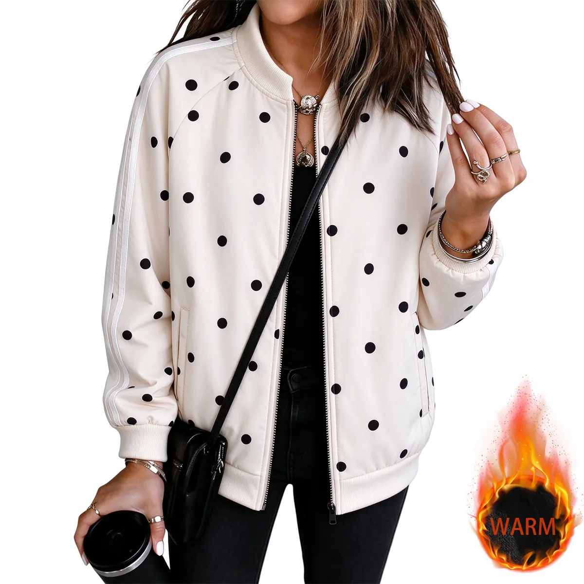 JOGWAVE Women's Fitted Fleece Jacket, Y2K Style, Polka Dot Design, Soft Fluffy Fabric, Full Zip Closure, Casual Winter Streetwear Coats, Fall/Winter Outerwear, Gift for Her
