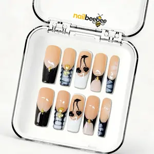 Gothic Black Rose Cherry Mid Square Press-On Nails (1.3 Inch),10pcs Handmade Gothic Black Rose Cherry Mid Square Press-On Nails | 1.3 Inch Black French Gold Rose Nails | Reusable Edgy Fake Nails | Gothic Gift for Her