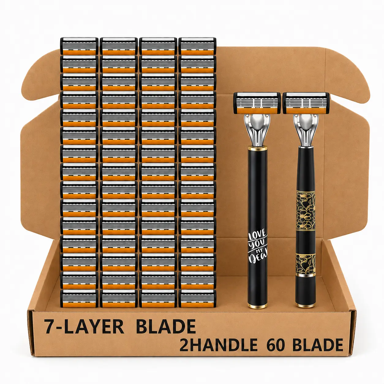 Men’s 7-Layer Manual Razor Set with 2 Handles, 60 Replacement Cartridges, Stainless Steel Blades for Thick Beards, Facial Use, Head Shaving & Daily Grooming, Ideal Gift Option, Smoothing, Gym