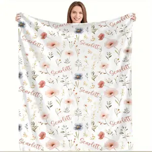 300GSM Flannel Blanket - Soft Pink Wildflowers with Gold Sequins Design, a warm throw blanket perfect for all seasons, ideal for beds, sofas, bedrooms, and living rooms - Modern Home Decor Gift