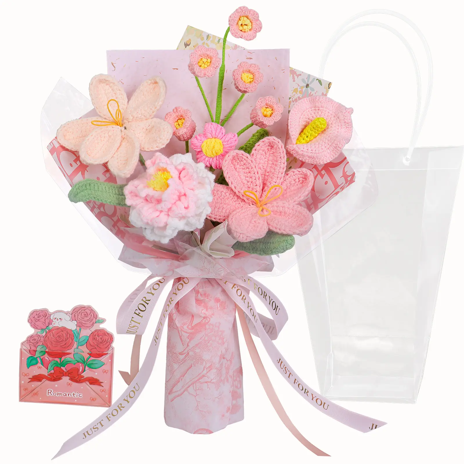 RIDDSEE Handmade Crochet Lily & Tulip Decorative Bouquet Flowers - Pink Artificial Floral Arrangement with Gift Box, Blank Card, New Zealand Style for Birthday, Room Decor (Home Supplies)