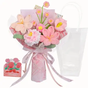 RIDDSEE Handmade Yarn Crochet Flower Bouquet Set - Pink Decorative Floral Table Decor, Gift for Women with Gift Box, Bag and Card (Ideal for Valentine’s Day) tiktokshopspringglowup,summervibes