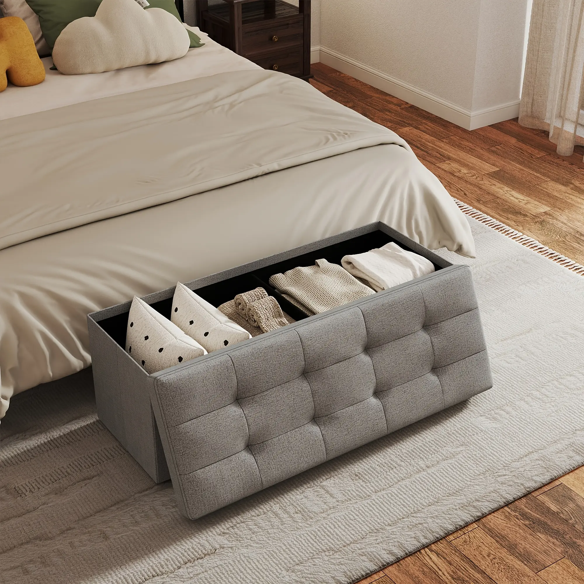 Leather Or Linen Ottoman Storage Bench, Padded Ottoman Storage Bench, Comfy Thick Upholstered Seat, 500 Lb. Capacity3 Sizes, 3 Colors