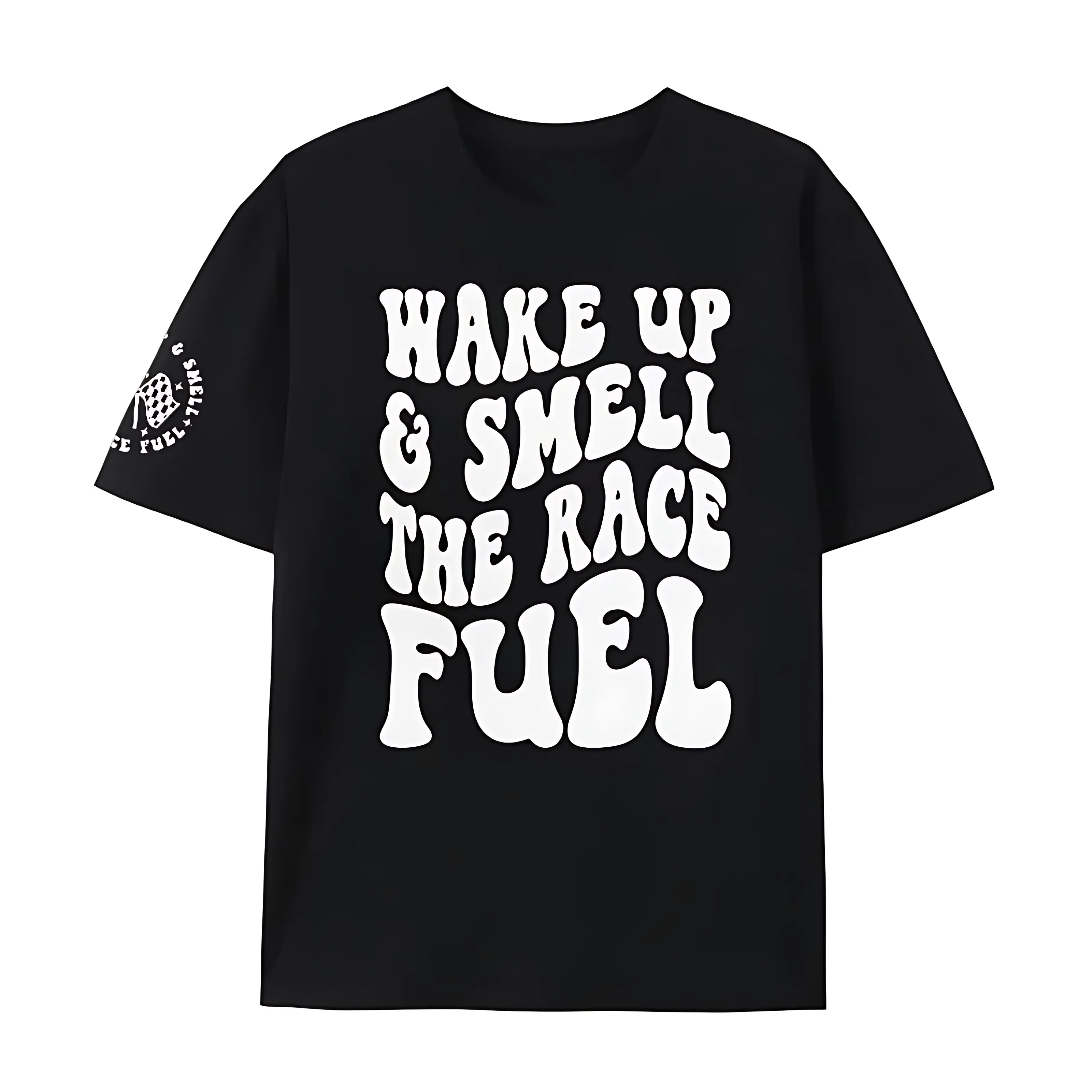 Wake Up And Smell The Race Fuel T‑Shirt | Groovy Bubble Font Racing Quote Tee, Race Car Lover Casual Short‑Sleeve Top for Men and Women