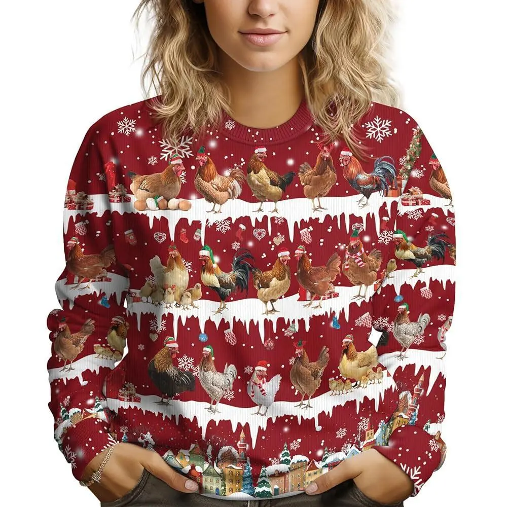Chicken Xmas Gifts for Christmas, Farm Animal Print Ugly Christmas Sweater for Men Women, Funny Unisex Long Sleeve Sweater