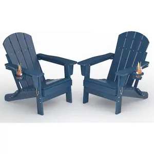 Folding Adirondack Chair Set of 2, All-Weather HDPE Outdoor Chair, Wooden Textured with Cup Holder for patios, Decks, Gardens, fire pits, Navy Blue