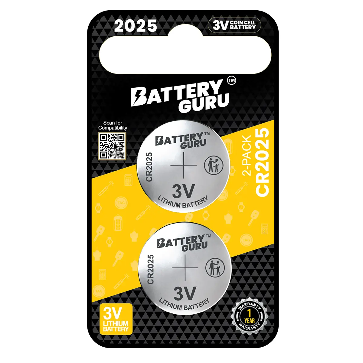 BatteryGuru Car Key Batteries CR2025 3V (Pack of 2) Power