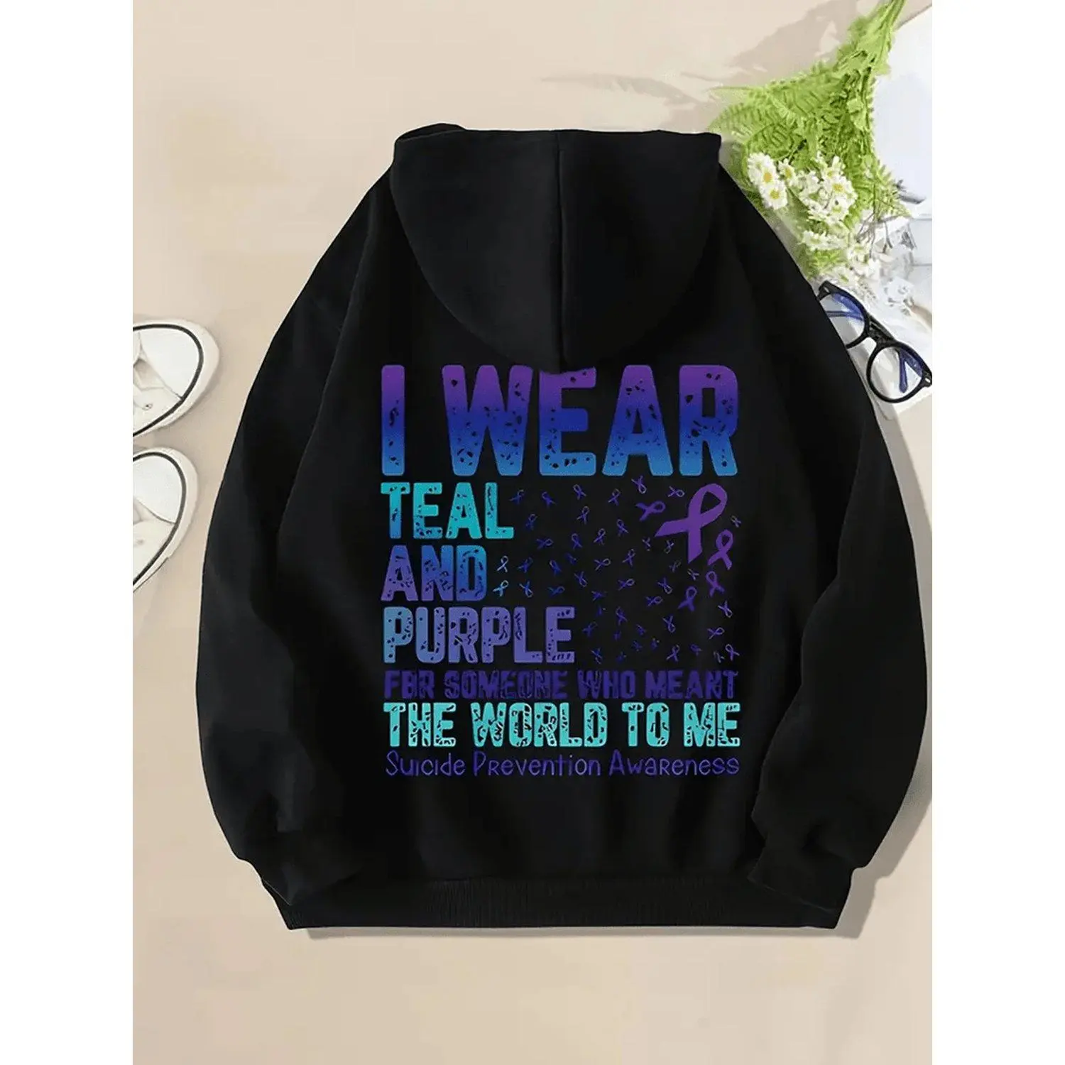 Hoodie Sweatshirt Casual Knit with Alphabet Print Suicide Prevention Awareness Teal and Purple Ribbon Design Fall Winter Season Hooded Pullover Style