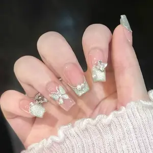 30 Pcs Medium Long Glossy Ballerina French False Nails, Sparkling Pearl Butterfly Print Design, Women's Nail Art Decorations Accessories