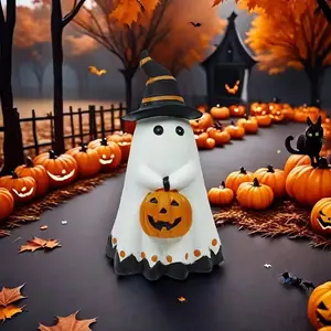 Cute Ghost Witch Halloween Statue, Spooky Resin Decor with Jack-O'-lantern, Indoor/outdoor Tabletop & Garden Figurine, No Battery Needed