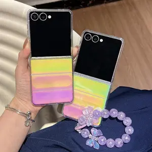 Rainbow Gradient Phone Case With Chain For Samsung Galaxy Z Flip 3 4 5 6 7 5G Flip7 Flip6 Flip5 PC Protection Anti-Scratch Cover