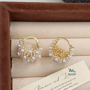 Dainty Faux Pearl Cluster Hoop Earrings - Gold Tone, Lightweight & Hypoallergenic, Trendy Romantic Jewelry Ideal for Everyday Wear & Special Occasions