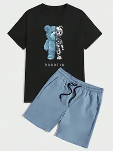 Two-piece Set Men's Bear Print Short Sleeve Tee & Shorts, Regular Fit Casual Round Neck T-shirt & Shorts, Men's Summer Clothes for Daily Wear, Loungewear, Shorts Pajama Set