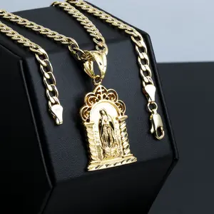 MaxBling81 Gold Plated Blessed Virgin Mary Religious High-End Pendant with 14K Stamped 6mm 20"-24" Brass Cuban Chain, Hip Hop Style Unisex Fashion Costume Jewelry Necklace, Gold Plated Jewelry