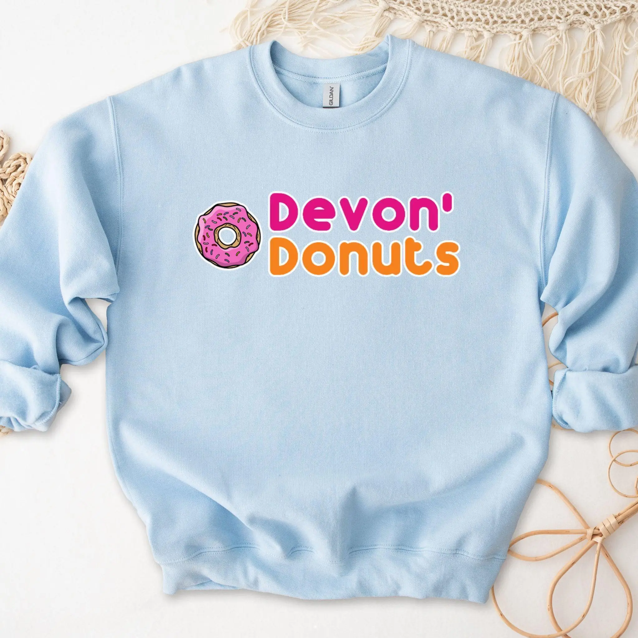 Devon Donuts Sweatshirt by Humraha | Desi Arab Muslim Fashion Apparel Gifts for Ramadan Eid Nikkah Wedding Couples Families New Moms Aunts Uncles Grandparents | Pakistan India Bangladesh Palestine Lebanon Egypt Syria