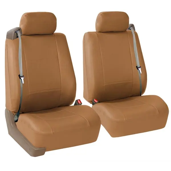 All-Purpose Built-in Seat Belt PU Leather Seat Covers - Front Set Tan
