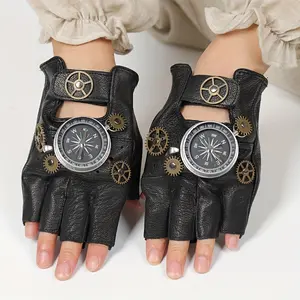Retro Steampunk PU Black Gloves, Gearless Finger Cosplay Gloves with Golden Compass Needle, Halloween Photography Props, Fashion Accessories, Black Gloves + Golden Compass