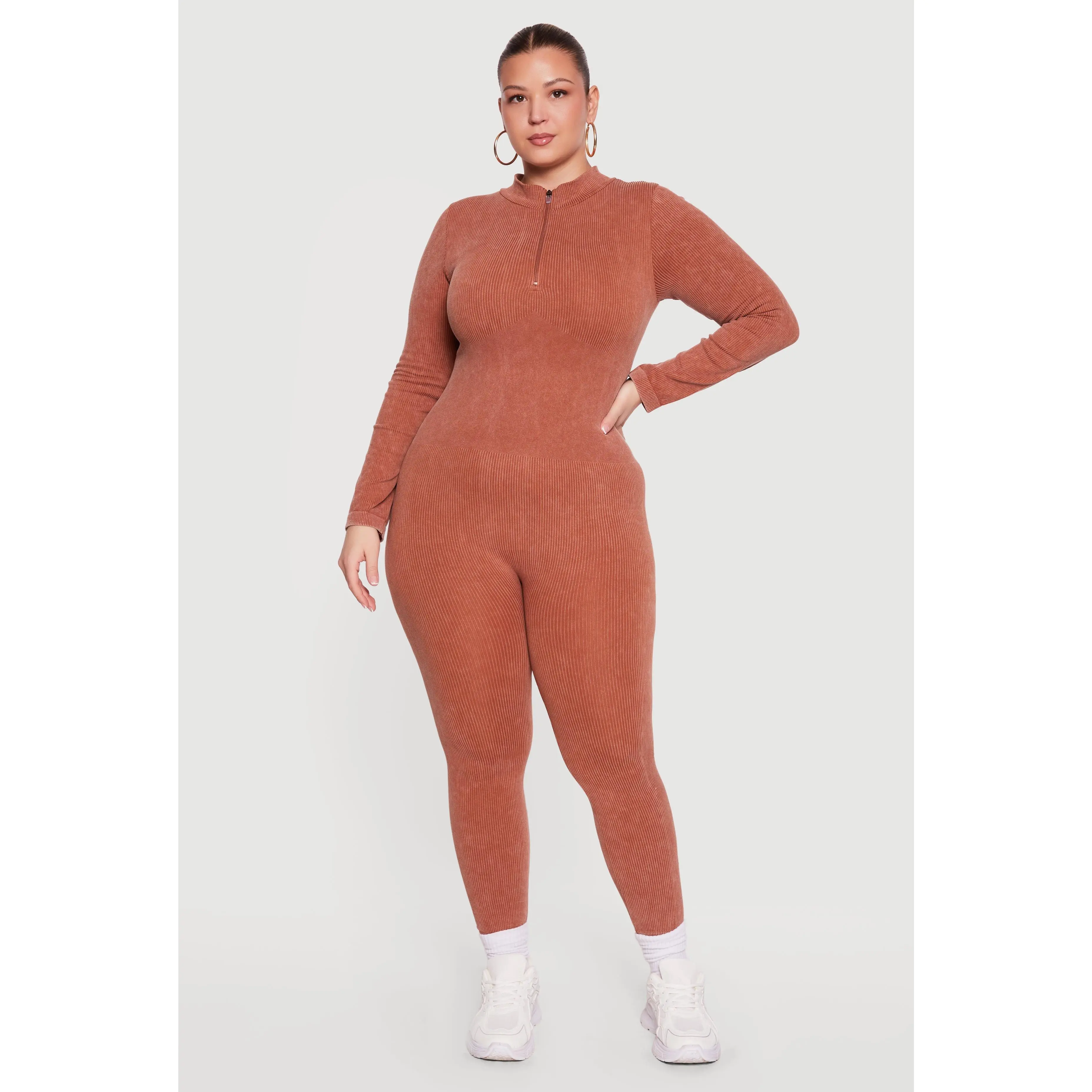 Plus Size Acid Wash Seamless Ribbed Long Sleeve Catsuit