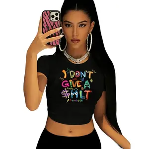 Women'S Funny "I Don't Give a F*" Graphic T-Shirt - 95% /5% Stretchy Crew Neck Crop Top with Lettering & Colorful Swear Words Print - Casual, Short Sleeve, Spring/summer Outfits, Spring Summer Apparel, Playful Design, Comfortable Fit, Trendy Top