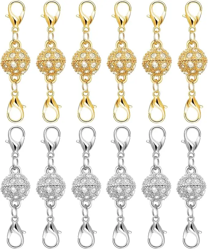 Magnetic Necklace Clasps 14K Gold Silver Lobster Clasp 12Pcs Jewelry Extender Easy Use Rustproof Closures for Necklaces Bracelets Crafting