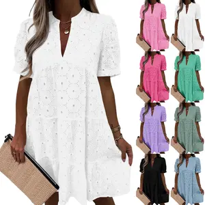 Lace Dress Eyelet Babydoll Swing Dress Flowy Short Sleeve V Neck Tunic Summer Dress for Women Casual Holiday Beach Wedding Guest Party Boho Chic Midi Mini Day Dress S357