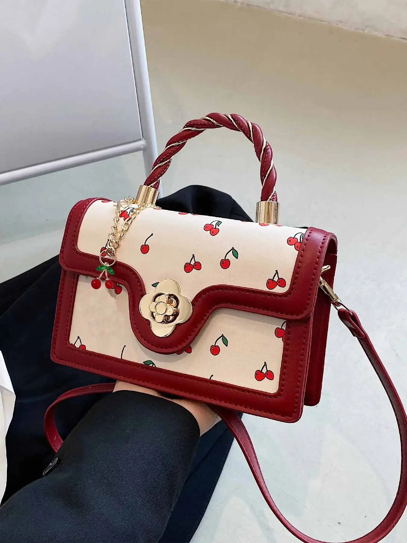 Colorblock Cherry Pattern Contrast Binding Design Handbag with Cherry Charm, Fashion Twist Design Top Handle Satchel Bag for Daily Use