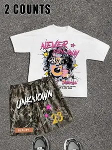 Men's Letter & Graphic Print Short Sleeve Tee & Camo Print Shorts Casual Lounge Outfits Loungewear Two-Piece Set, Regular Fit Round Neck T-Shirt & Shorts PJ Set, Pajama Set, Men's Sleepwear for Summer, Menswear