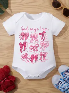 Baby Girls' "God Says I Am" Short Sleeve White Bodysuit, Pink Bow & Bible Verse Newborn Romper