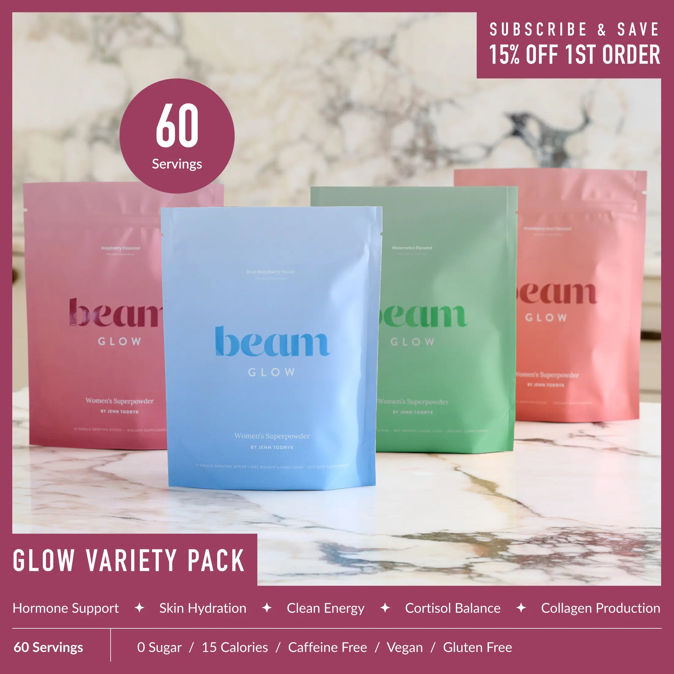 Beam Glow Superblend Beauty Vitamin Powder 4-Flavor Pack (Including Watermelon) - Caffeine-Free Collagen Dietary Supplement Drink, 60 Servings (15 Servings per Flavor) for Women’s Hormone Balance, Skin, Hair, Nail Support (10 Calories Each) | Summer Sale