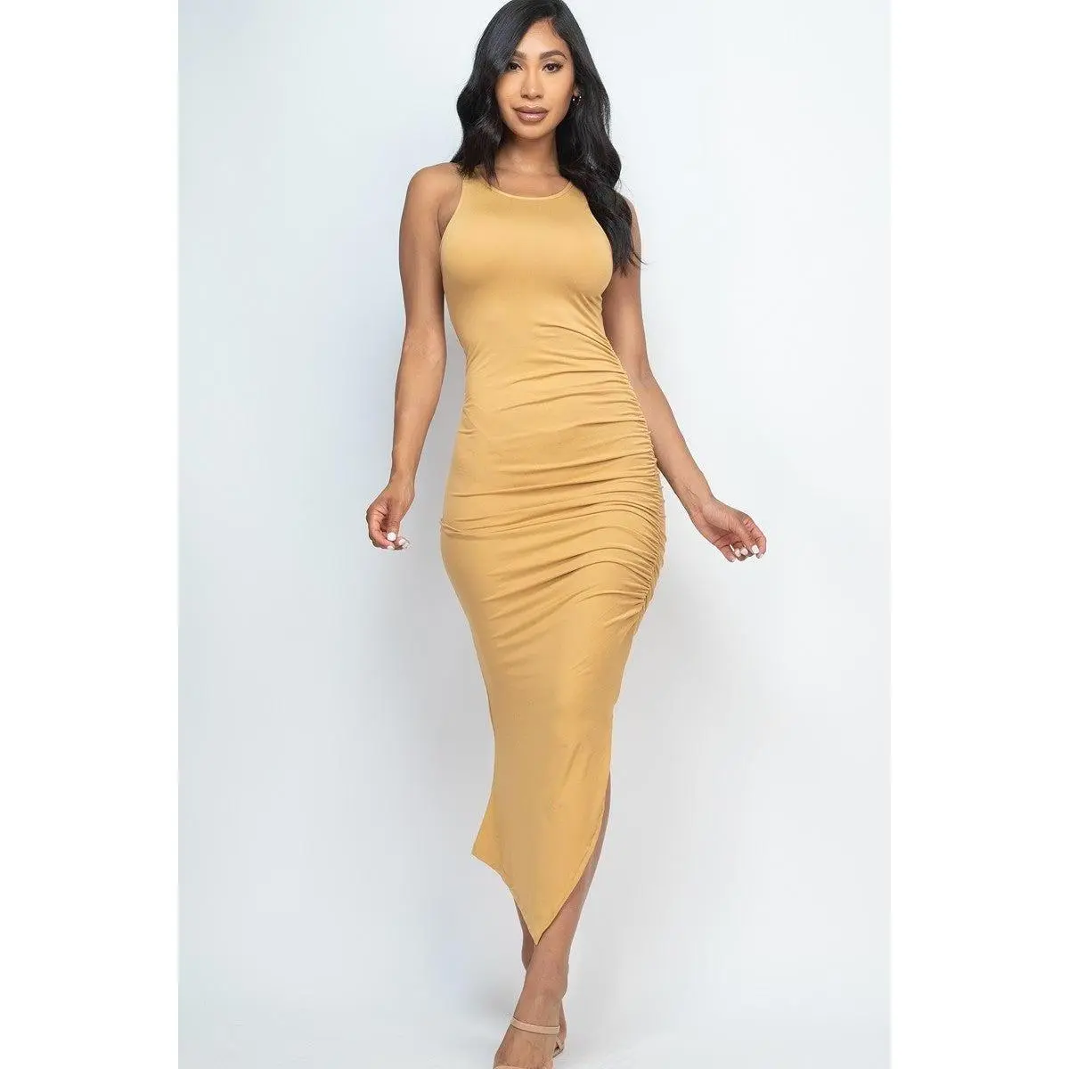 Sleeveless Ruched Side Split Maxi Dress
