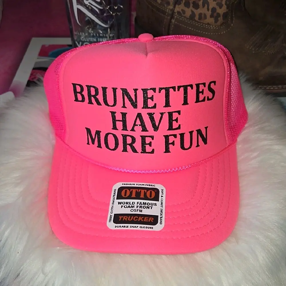 Otto Brand Brunettes Have More Fun Trucker Hat Fashion Accessory Pink Mesh Cap with Bold Text Design