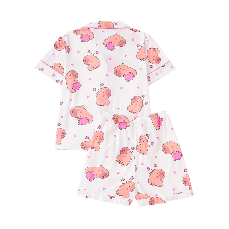 Cute Capybara With Heart Short Sleeve Pajama, Funny Animal Lover Sleepwear For Women, Kawaii Cartoon Lounge Set, Sweet Relaxing Gift | 060126.C03536.ID02