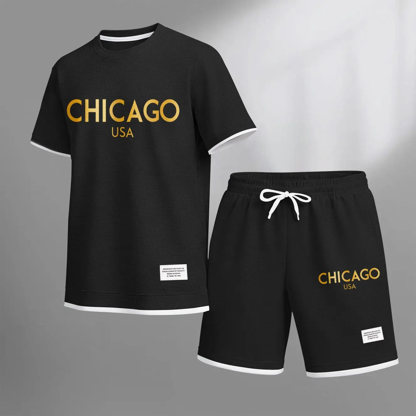Men's Golden Chicago Print Waffle Fabric Short-Sleeved Shirt And Shorts Set