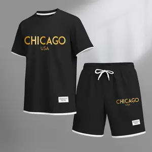 Men's Golden Chicago Print Waffle Fabric Short-Sleeved Shirt And Shorts Set