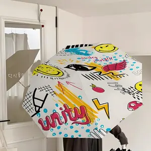 Portable Foldable Doodle Umbrella, Hope & Smiley Design, Instant Mood Boost, Perfect Xmas V-Day Gift, 8 Rib Folding Umbrella