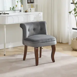 Velvet Vanity Stool Chair with Back, Small Chair Solid Wood Legs, Mid Century Makeup Chair for Vanity,Tufted Accent Vanity Chair for Bedroom, Living Room, Grey