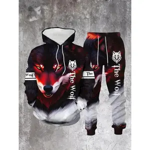 Men's Wolf Pattern Hoodie Set, Sporty Long Sleeve Casual Wear, Comfortable Fitted Design for Spring & Fall Seasons