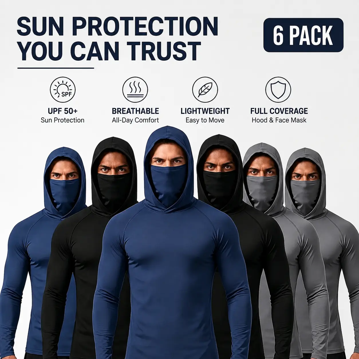 Men's 6-Pack Hooded Athletic Base Layer Shirts with Stretch Performance Fabric and Face Cover, Long Sleeve Quick Dry Workout Apparel for CrossFit, Running, Mountain Hiking, Camping, Cycling, Outdoor Jobs and Daily Exercise