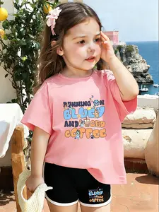 Girls' Bluey Theme Short Sleeve T-Shirt and Shorts Set, Cartoon Print, Loose Fit, Soft Fabric, Casual Wear, Fun and Trendy